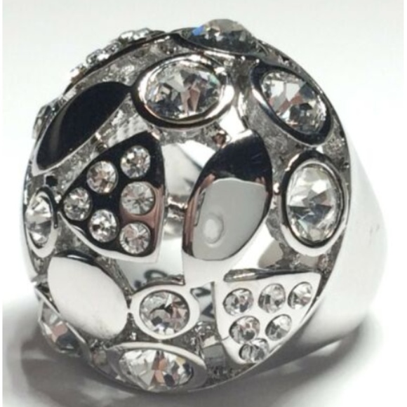 Silver Art Deco Dome Cocktail Ring Size 6 7 8 Rhodium Plated Statement Crystal - Picture 1 of 8